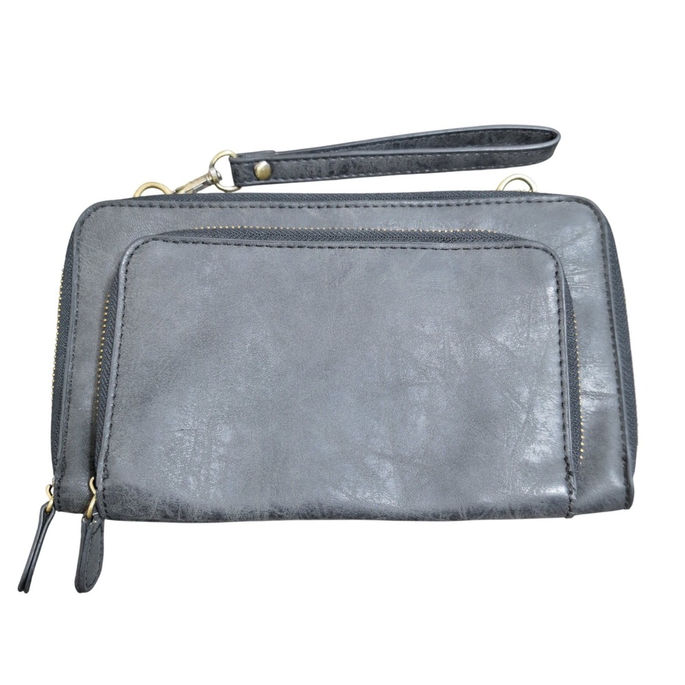 Joy Susan Gray Black Vegan Leather Wristlet Wallet Double Zip Clutch Bag Womens